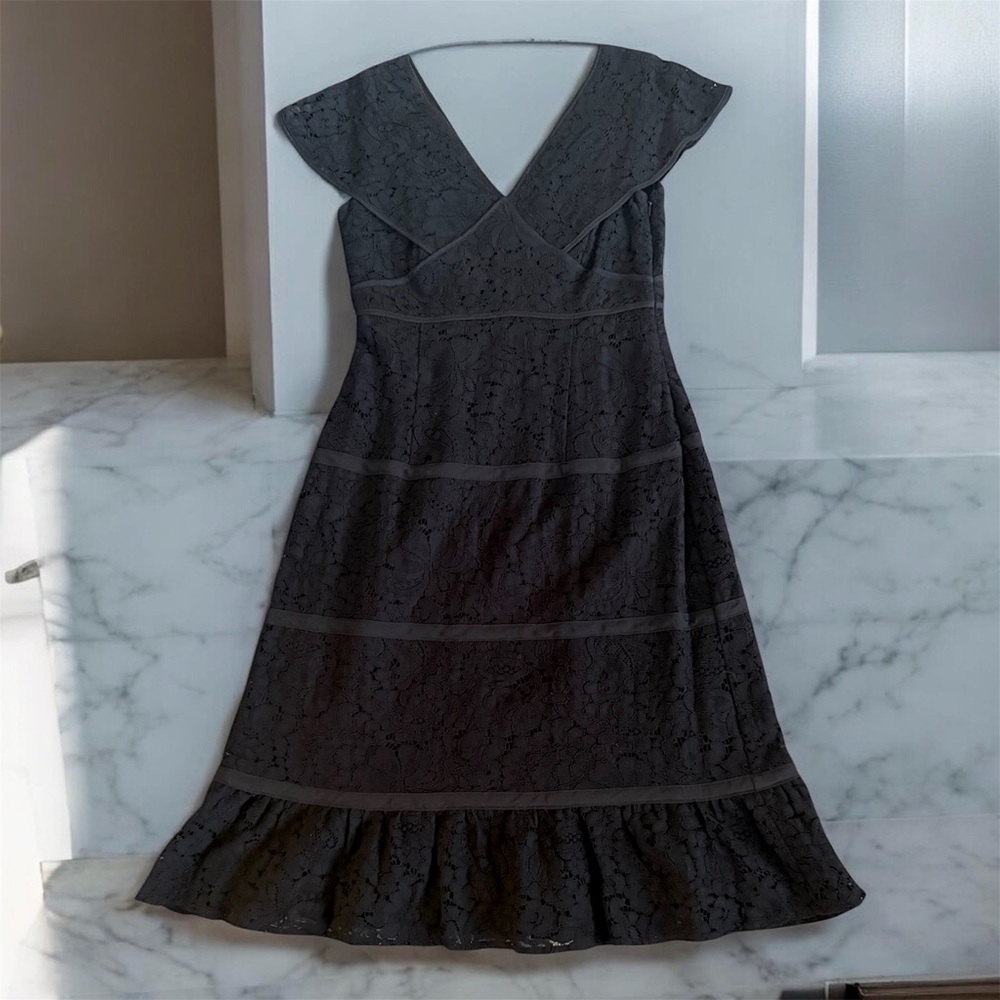 Nanette Lepore Black Lace Midi Dress with Ruffle Hem